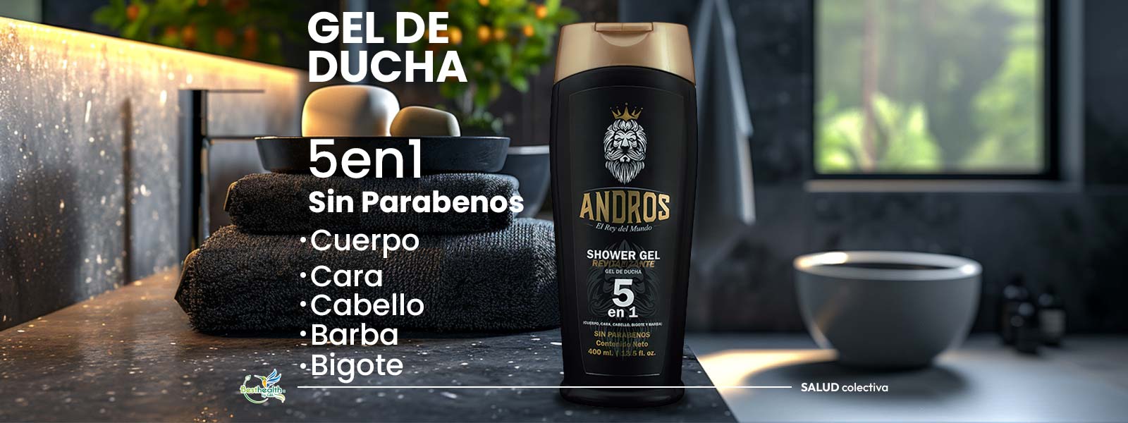 ANDROS gel de ducha para caballero sin parabenos gel corporal andros gel para banarse refresca tu piel cara cabello y barba banner principal